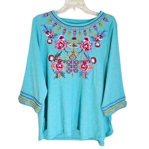 Calessa‎ Women's Blue Embroidered Floral Blouse 3/4 Sleeve Round Neck Size PL